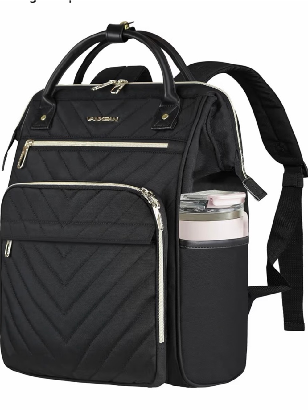 Black Quilted Convertible Backpack & Laptop Bag with Gold Accents